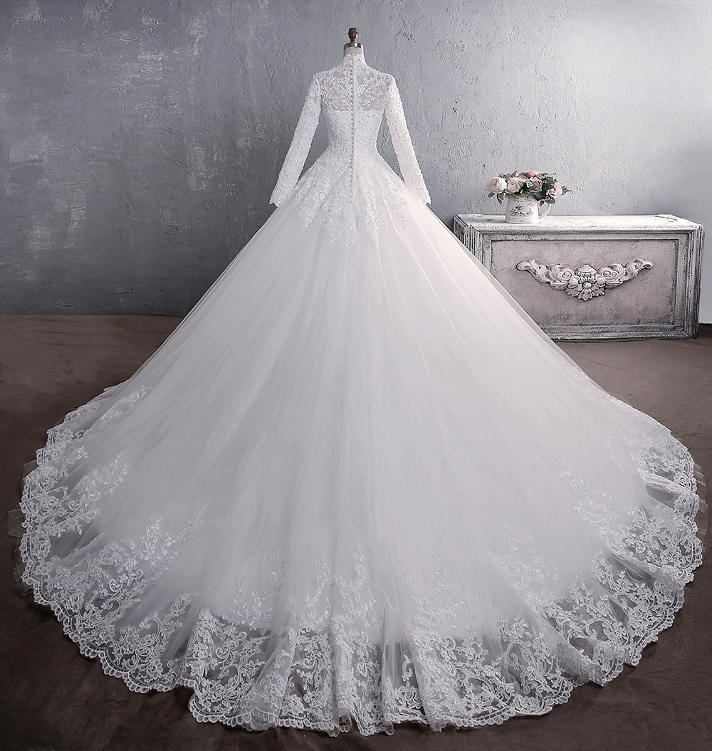 Lace Wedding Dress Bridal Stand-up Collar Long-sleeved Large Tail Large Size - Image 2