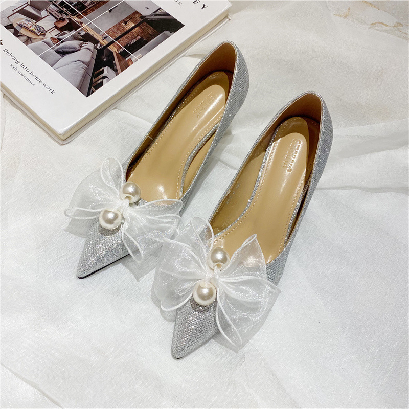 New Wedding Pearl Lace Bowknot Shallow Mouth Pointed Wedding Shoes High-heeled Shoes - Image 4