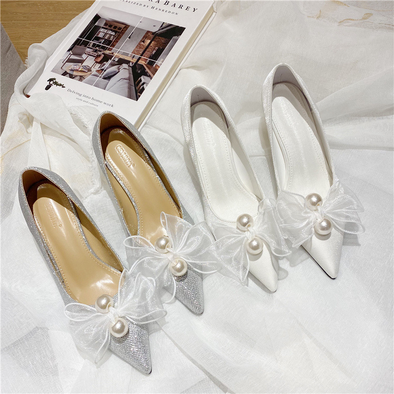New Wedding Pearl Lace Bowknot Shallow Mouth Pointed Wedding Shoes High-heeled Shoes