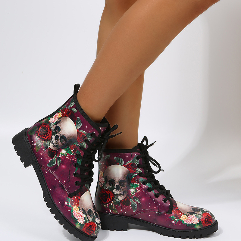 Halloween Shoes Rose Flower Print Lace-up Ankle Boots Women - Image 3