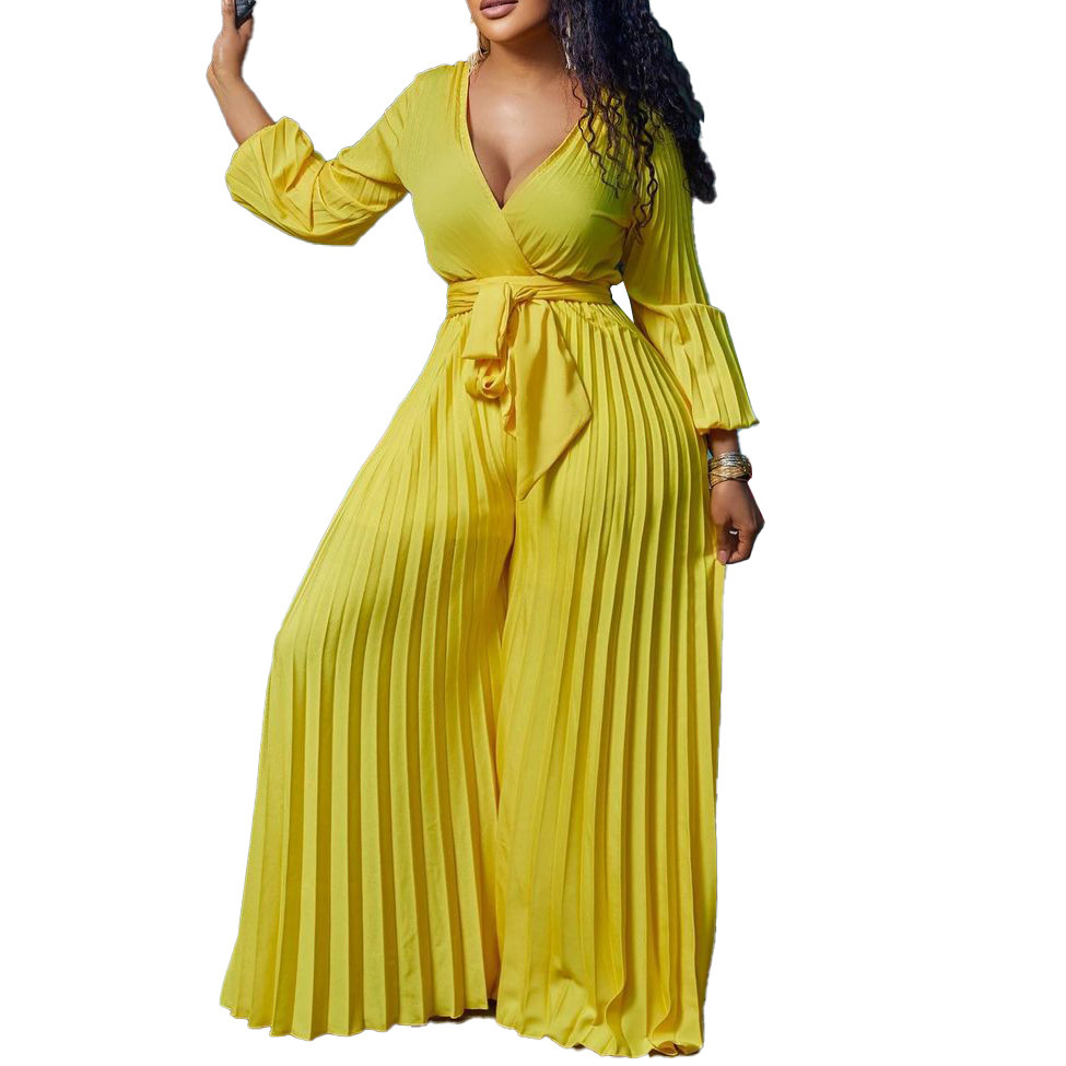 V-neck Lace Up Pleated Wide-leg Plus Size Jumpsuit - Image 5