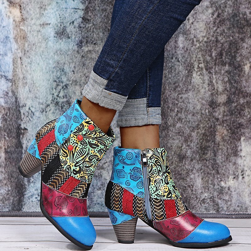 Print Ankle Boots Chunky Mid Heel Boots Women Side Zipper Shoes - Image 8