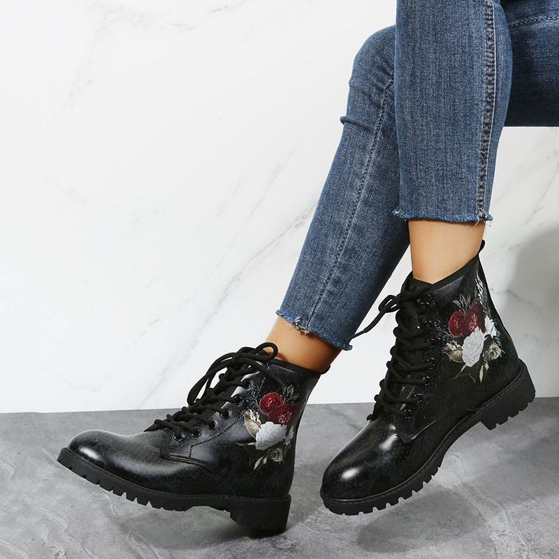 Halloween Shoes Rose Flower Print Lace-up Ankle Boots Women - Image 4