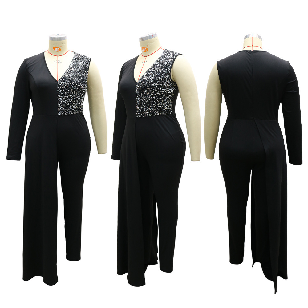 V-neck Sequin Covered Hip Plus Size Jumpsuit - Image 4