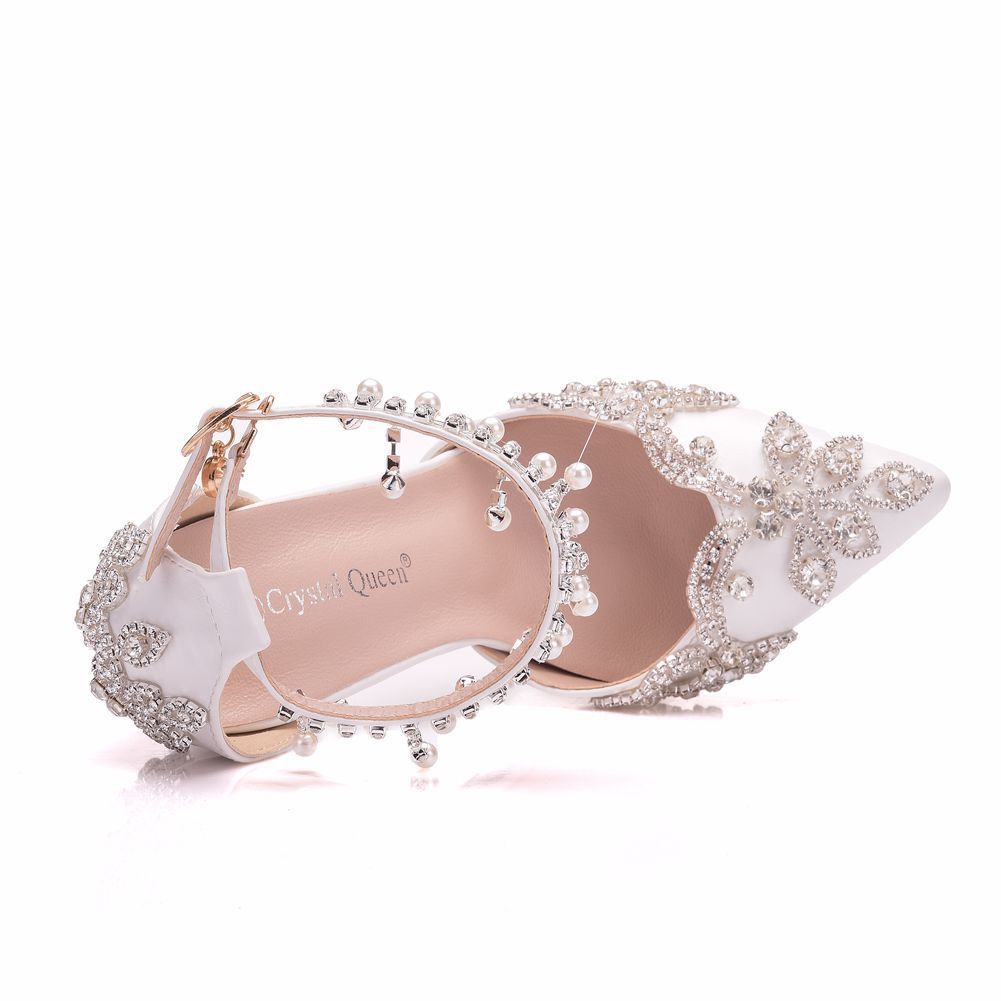 White Pointed Crystal Wedding Shoes Chunky Heel - Image 4