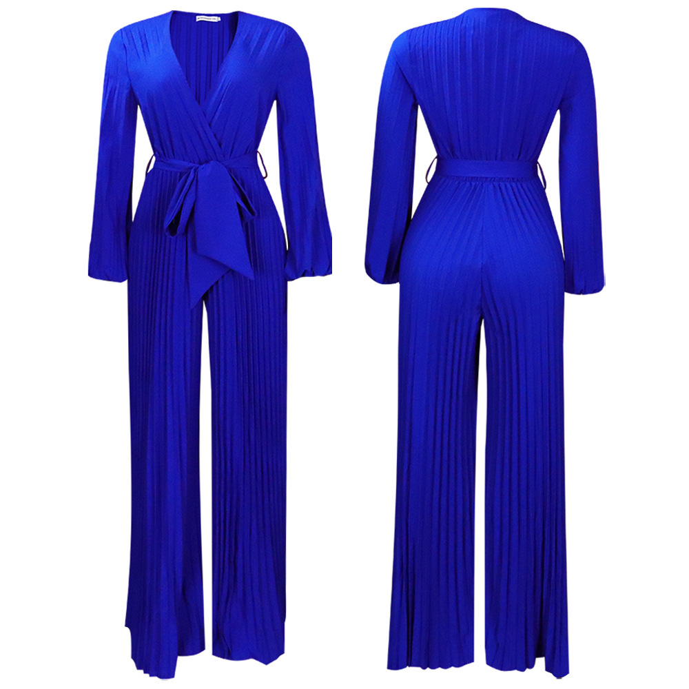 V-neck Lace Up Pleated Wide-leg Plus Size Jumpsuit - Image 6
