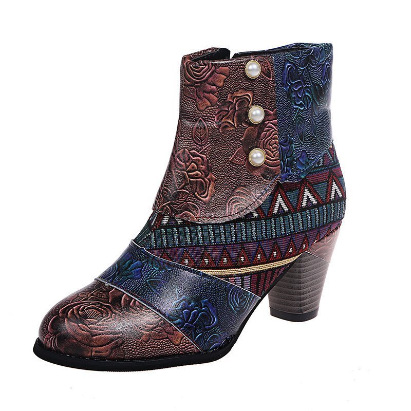 Print Ankle Boots Chunky Mid Heel Boots Women Side Zipper Shoes - Image 4