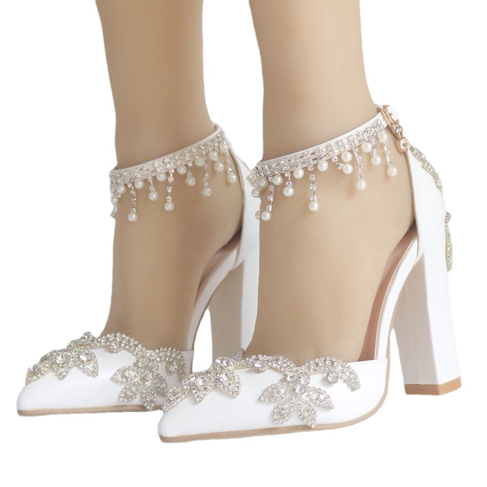 White Pointed Crystal Wedding Shoes Chunky Heel - Image 6