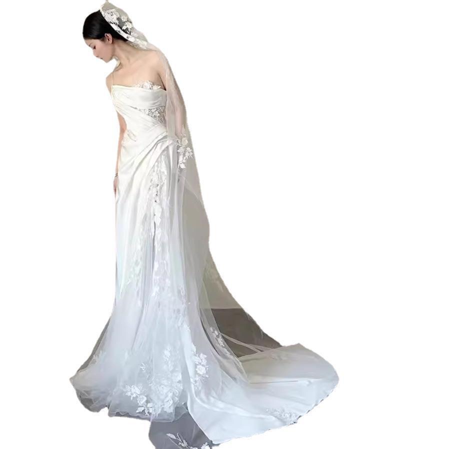 Satin Lace Wedding Veil Tube Top Fishtail Wedding Dress - Image 4
