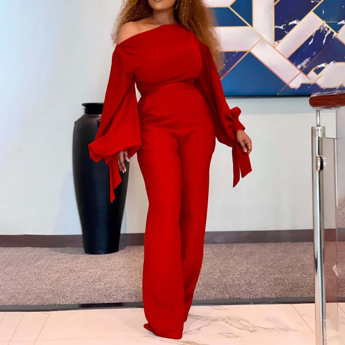 Solid Color Plus Size African Off-the-shoulder Jumpsuit - Image 3