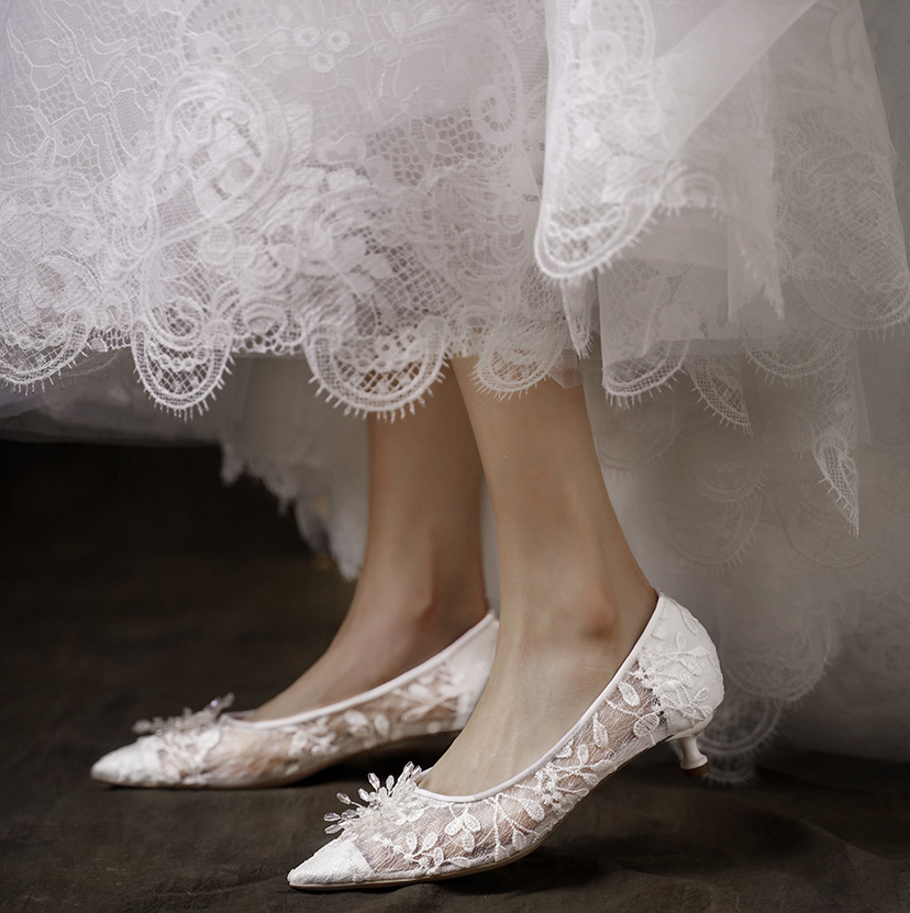 Wedding Shoes Flat White Wedding Dress Crystal Low Heel Shoes - Image 4