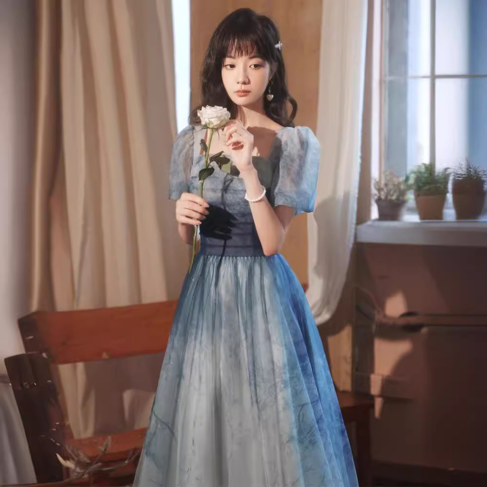 Gradient Blue Evening Elegant Socialite Ceremony Performance Banquet Dress - Image 5