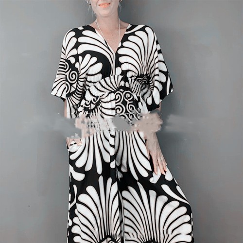 V-neck Printed High Waist Plus Size Women's Jumpsuit - Image 2