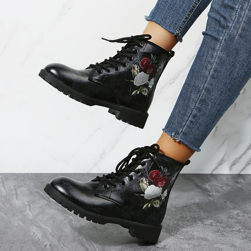 Halloween Shoes Rose Flower Print Lace-up Ankle Boots Women - Image 6