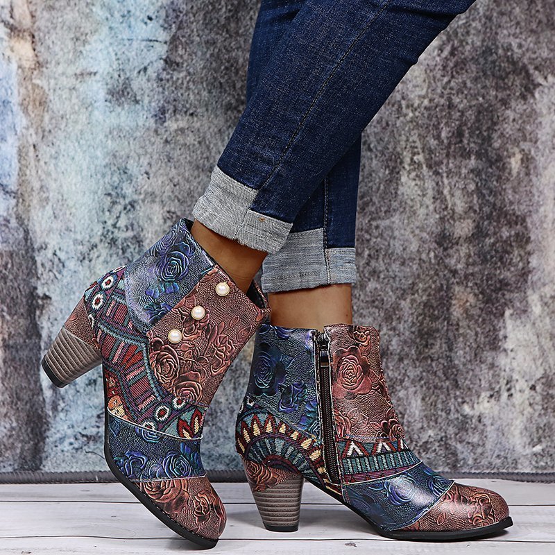 Print Ankle Boots Chunky Mid Heel Boots Women Side Zipper Shoes - Image 7
