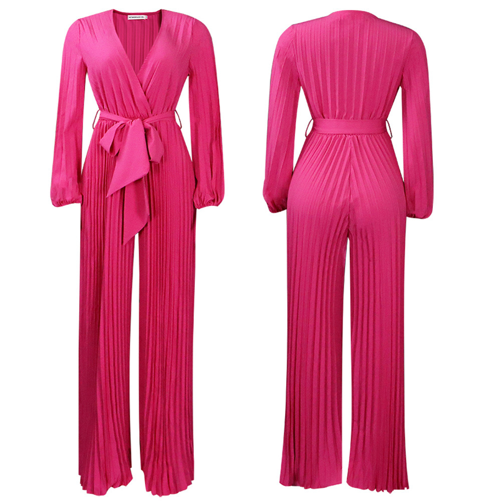 V-neck Lace Up Pleated Wide-leg Plus Size Jumpsuit - Image 3