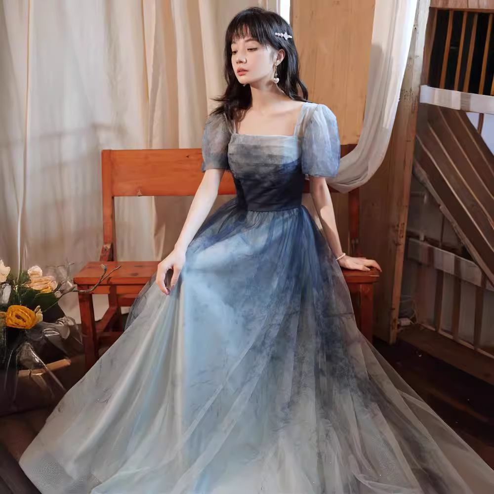 Gradient Blue Evening Elegant Socialite Ceremony Performance Banquet Dress - Image 3