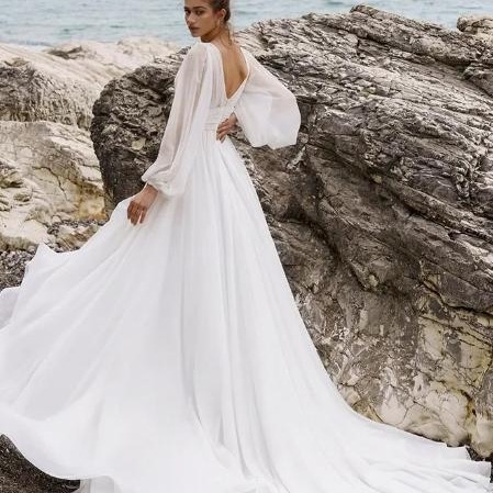 European And American High Waist Plus Size Deep V Long Sleeve Mopping Backless Wedding Dress High Slit - Image 5